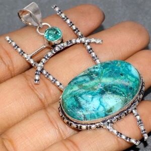 Chrysocolla, Blue Topaz Gemstone 925 Sterling Silver Handmade Pendant Necklace